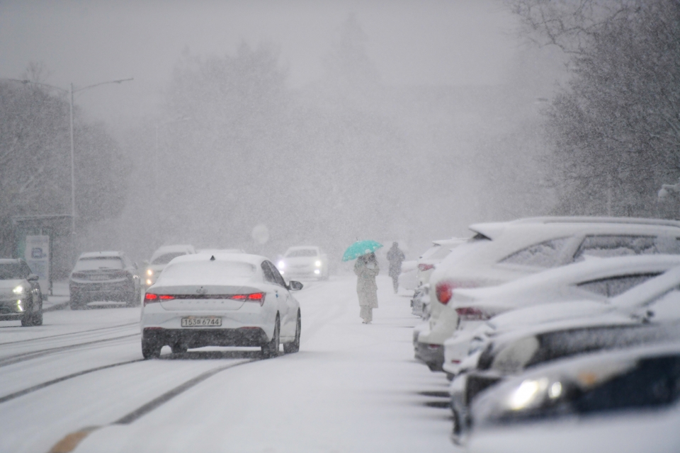 제주지역 산지와 중산간에 대설경보가 발효된 22일 제주대학교에 갑자기 내린 눈이 하얗게 쌓여 차량과 사람의 통행에 불편을 주고 있다.