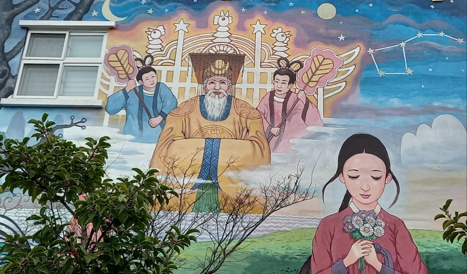 탐라국 창세신화를 다룬 제주남초등학교 벽화. 탐라국은 독자적이고 독특한 창세신화를 갖고 있다.